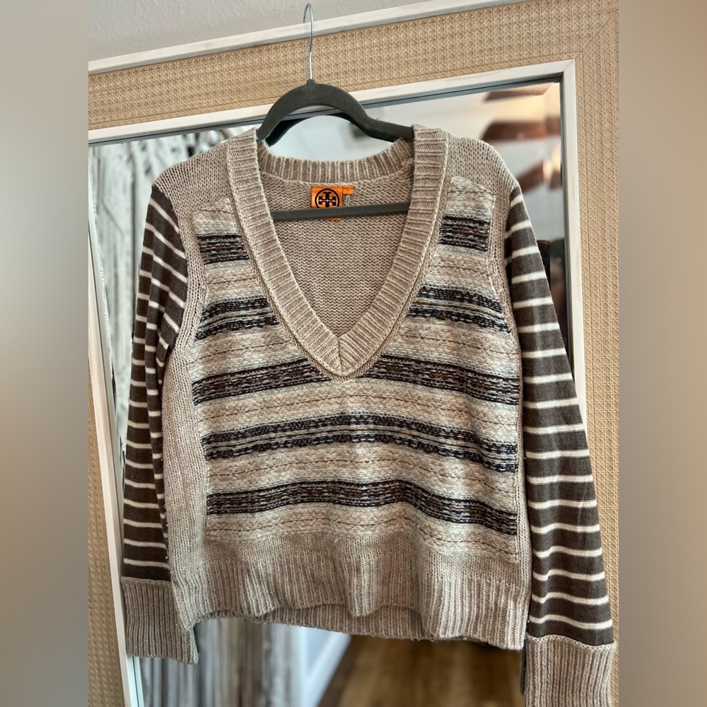 Tory Burch Beige and Brown Striped V-Neck Sweater